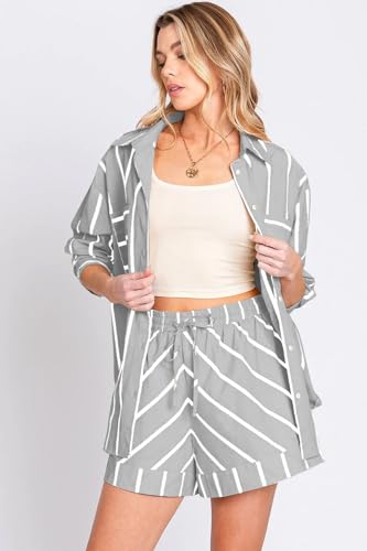 Bufushaoh Women's Striped 2 Piece Outfits Casual Oversized Button Down Shirts and Short Lounge Set
