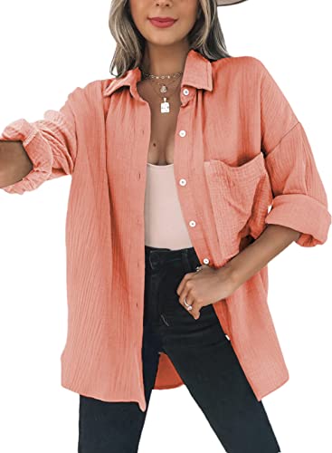 Dokotoo Womens Color Block Button Down Shirts Long Sleeve Oversized Boyfriend Blouses Tops