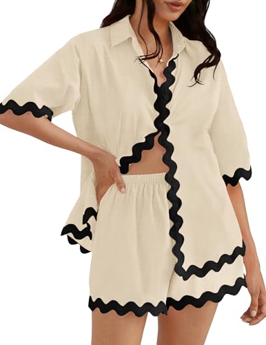 ZESICA Women's Button Down Pajama Set Line Short Sleeve Shirt and Shorts Pj Lounge Sets Sleepwear with Pockets