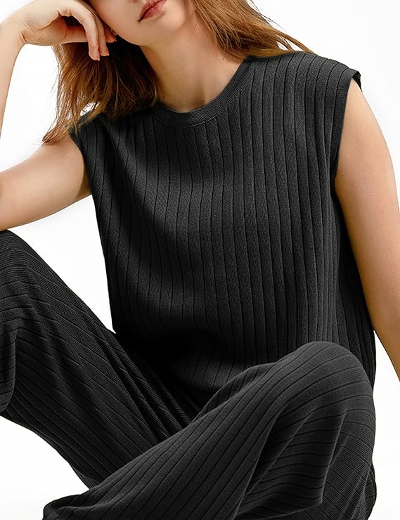 Faleave Women's 2 Piece Outfits Sweater Sets Knit Pullover Tops Sleeveless Vest Wide Leg Pants Lounge Sets Tracksuit
