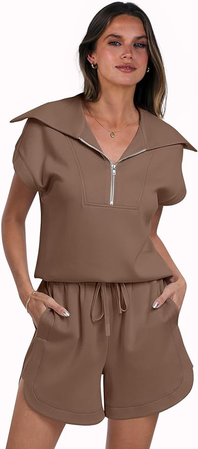 ANRABESS Women 2 Piece Outfits Sweatsuit Half Zip Lapel Collar Short Sleeve Tops Sweat Shorts Lounge Sets Tracksuit