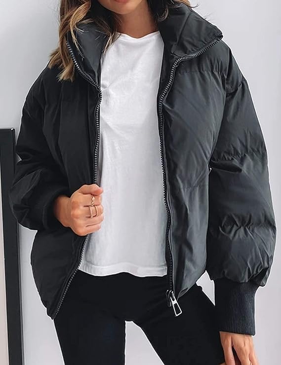Tanming Womens Casual Puffer Jacket Long Sleeve Full Zip Black Padded Winter Coat
