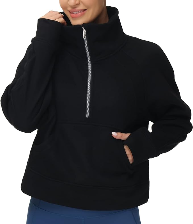 THE GYM PEOPLE Womens' Half Zip Pullover Fleece Stand Collar Crop Sweatshirt with Pockets Thumb Hole