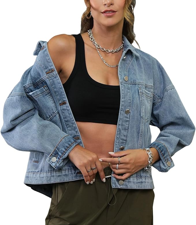 GREAIDEA Womens Opal Swing Denim Jacket Distressed Ripped Button Front Jean Jackets with Pockets Y2K Clothing