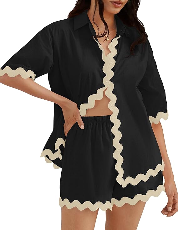 ZESICA Women's Button Down Pajama Set Line Short Sleeve Shirt and Shorts Pj Lounge Sets Sleepwear with Pockets