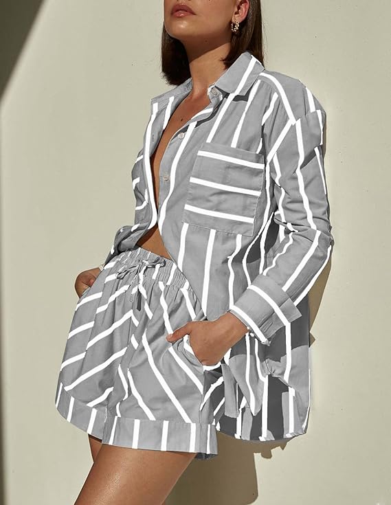 Bufushaoh Women's Striped 2 Piece Outfits Casual Oversized Button Down Shirts and Short Lounge Set