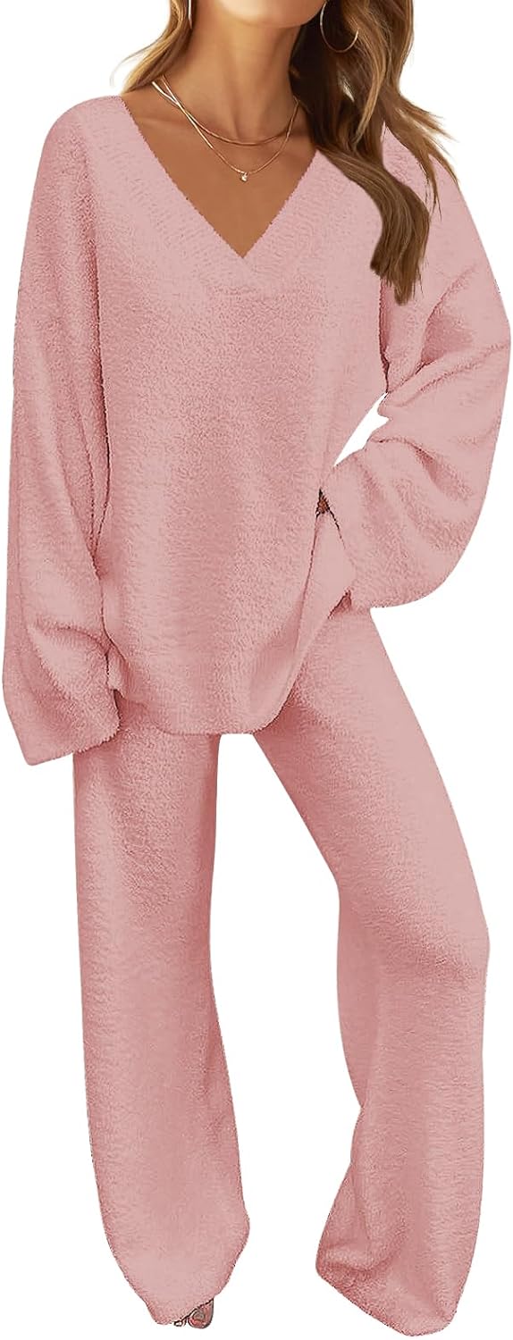 MEROKEETY Women's 2 Piece Outfits Fuzzy Fleece Set Long Sleeve Top Wide Leg Pants Loungewear