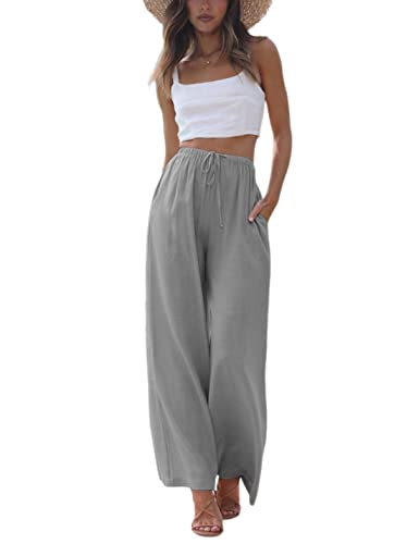 Faleave Women's Cotton Linen Summer Palazzo Pants Flowy Wide Leg Beach Trousers with Pockets
