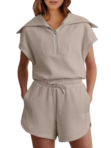 ANRABESS Women 2 Piece Outfits Sweatsuit Half Zip Lapel Collar Short Sleeve Tops Sweat Shorts Lounge Sets Tracksuit