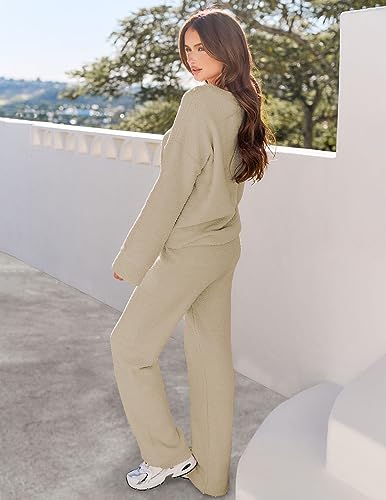MEROKEETY Women's 2 Piece Outfits Fuzzy Fleece Set Long Sleeve Top Wide Leg Pants Loungewear