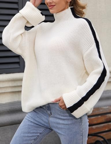 Wyeysyt Women's Mock Turtleneck Sweater Contrast Stitching Chunky Long Sleeve Knit Sweater Pullover Top